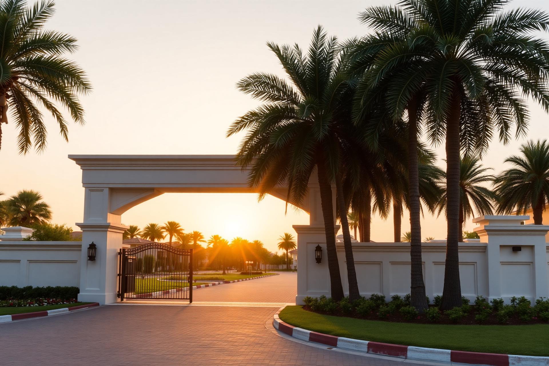 Emerald City premium villa plots T.Kallupatti Madurai — grand white arch entrance with palms